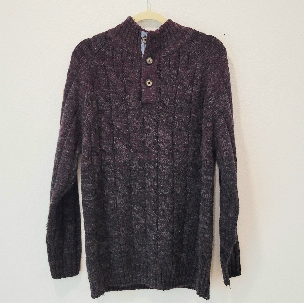 Weatherproof Vintage Men’s L Cable Knit Sweater Purple Gray‎ Quarter Button